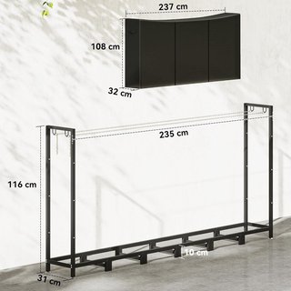 Porta Legna Esterno in Acciaio, Supporto Legna Esterno con Copertura Impermeabile Oxford 600D, Struttura Regolabile e Catene di Metallo, Porta Legna Elevato, 0.8M³, 235X31X116 Cm, Nero