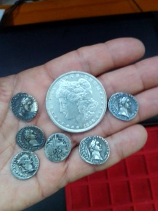 Lotto di monete romane in replica + dollaro Morgan in replica