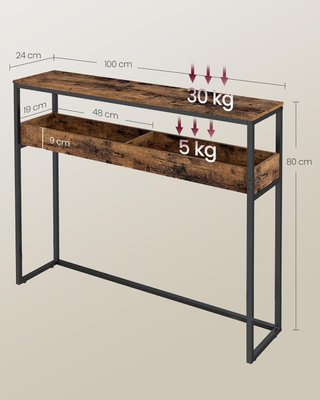 Tavolo consolle a 2 livelli, tavolo stretto per ingresso, con scomparti semi-aperti, 24 x 100 x 80 cm, per ingresso, soggiorno, marrone vintage e nero tinta LNT091K01