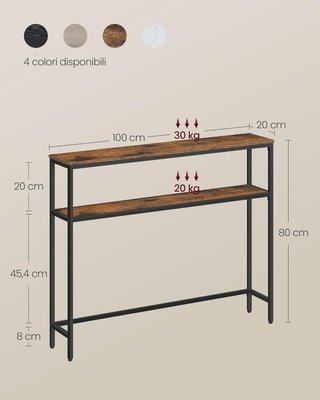 Tavolo Consolle, Tavolo Stretto a 2 Ripiani per Stoccaggio, 20 X 100 X 80 Cm, per Soggiorno, Corridoio, Ingresso, Marrone Vintage e Nero Tinta