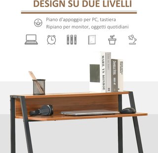 Scrivania Moderna a 2 Livelli per Camera e Ufficio, Mobili in Legno e Metallo, 84X45X85Cm, Nero e Noce