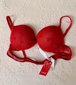 Sujetador Push Up Tezenis terciopelo rojo y lazos
