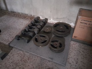 Press de banca, mancuernas, discos y polea.