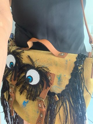 Borsa tela e pelle gialla con frange