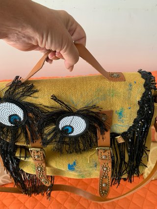 Borsa tela e pelle gialla con frange