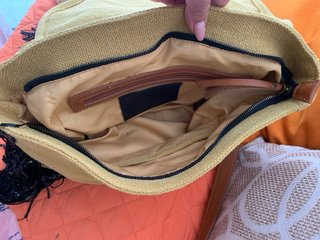 Borsa tela e pelle gialla con frange