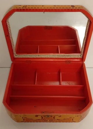 CAJA MADERA ANTIGUA DECORADA CON GATITOS Y ESPEJO