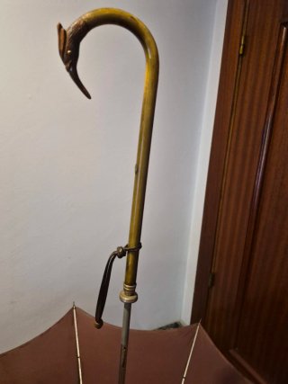 Paraguas antiguo con mango curvo. Cabeza de ave
