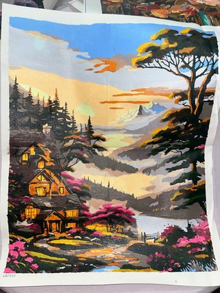 Lienzo pintado: Cabaña al atardecer