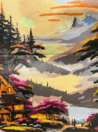 Lienzo pintado: Cabaña al atardecer