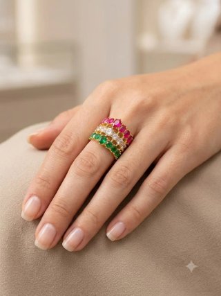 Anillo triple cristal/esmeralda/amatista