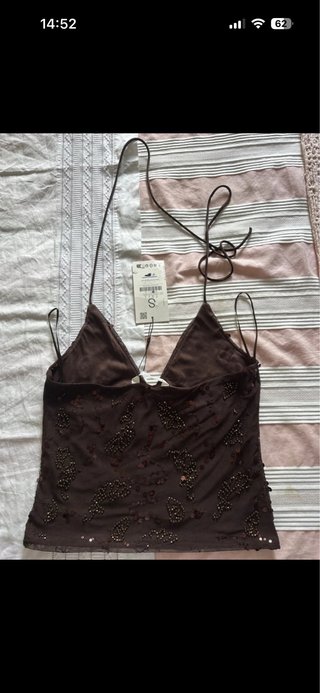 Top Stradivarius marrón lentejuelas S