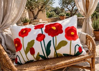 Funda para cojín 50c30cm. Bordado.Flores Amapolas