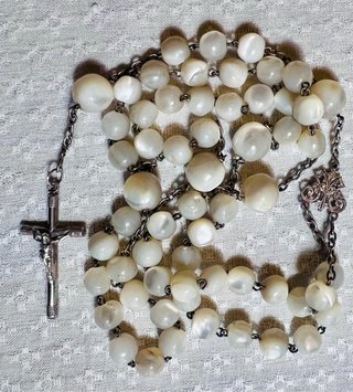 Rosario Antiguo Plata Ley, cuentas nácar. Ppio sXX