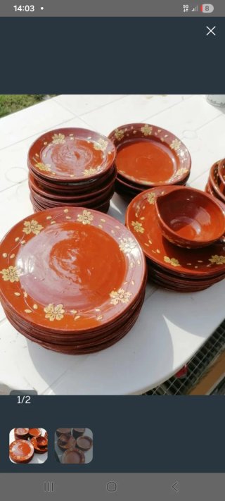 Vajilla Artesanal Cerámica Terracota Flores Dorada