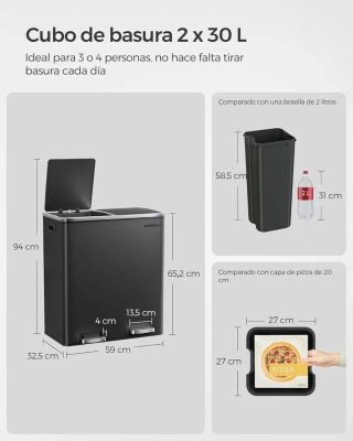 Cubo Basura Reciclaje 2x30L Pedal Negro SONGMICS LTB60BK