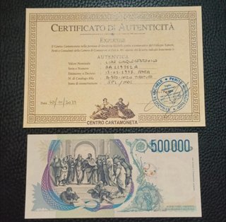 Rara banconota 500.000 lire tripla A prima serie c