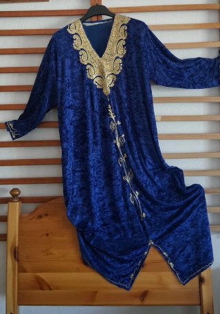 Vestito donna Caftano blu con ricami oro