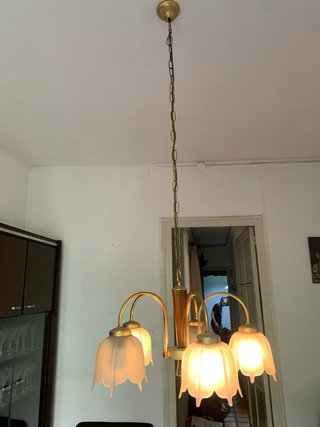 Lámpara Vintage 70s 5 Brazos Madera y Cristal