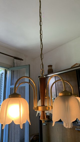 Lámpara Vintage 70s 5 Brazos Madera y Cristal