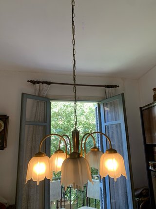 Lámpara Vintage 70s 5 Brazos Madera y Cristal
