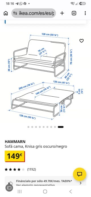 Sofá Cama IKEA HAMMARN Gris Oscuro
