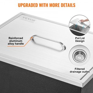 Cofre de Hielo Integrado, 22"L x 17"W x 12"H Enfriador de Acero Inoxidable, Bin de Hielo Comercial con Tapa, Bar de Hielo para Cocina Exterior de 40 qt, Incluye Tubería de Drenaje y Tapón de Drena...