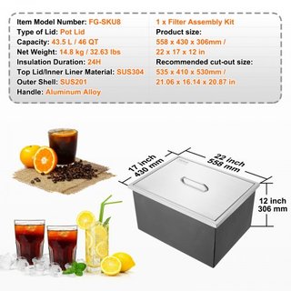 Cofre de Hielo Integrado, 22"L x 17"W x 12"H Enfriador de Acero Inoxidable, Bin de Hielo Comercial con Tapa, Bar de Hielo para Cocina Exterior de 40 qt, Incluye Tubería de Drenaje y Tapón de Drena...