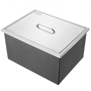 Cofre de Hielo Integrado, 22"L x 17"W x 12"H Enfriador de Acero Inoxidable, Bin de Hielo Comercial con Tapa, Bar de Hielo para Cocina Exterior de 40 qt, Incluye Tubería de Drenaje y Tapón de Drena...