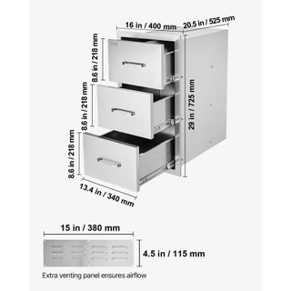 Cajones de Cocina Exterior 16" W x 28.5" H x 20.5" D, Cajones de BBQ de Acceso Triple Montados a Ras de Acero Inoxidable con Mango, Cajones para Isla de BBQ para Cocinas Exteriores o Estación de P...