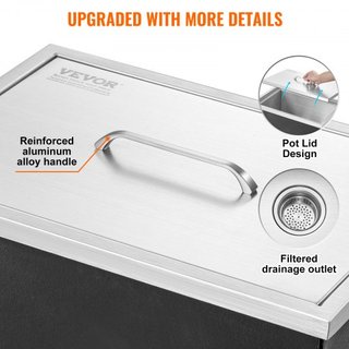 Cofre de Hielo Integrado, 51 cm L x 36 cm W x 30.5 cm H Enfriador de Acero Inoxidable, Bin de Hielo Comercial con Tapa, Bar de Hielo para Cocina Exterior de 37.9 L, Incluye Tubería de Drenaje y Ta...