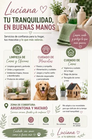 Servicios de limpieza, cuidado de mascotas y casas