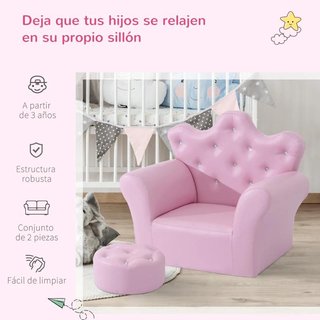 Divano per Bambini con Poggiapiedi Corona Imbottito Rosa