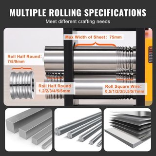 Rodillo, 2.95"/75 mm Máquina de Rodillo para Joyería, Relación de Engranaje 1:2, Rodillo Multifuncional 3 en 1, Grosor de Prensa de 0.03-6.5mm para Hacer Joyas de Metal Hoja Cuadrada Alambre Semic...