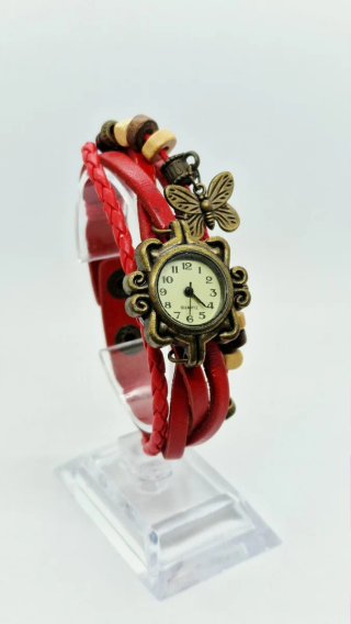 Pulsera Reloj Cuero Rojo Mariposa