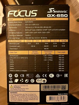 GPU 5700 XT+CPU Ryzen 7 2700X+Seasonic FocusGX-650