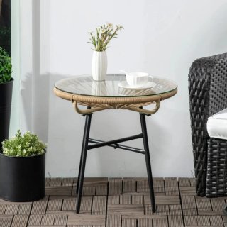 Tavolo rotondo in rattan e vetro con metallo