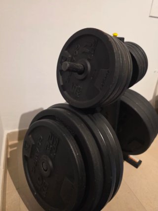 Kit Pesas Barra, soporte barra y Discos Gimnasio