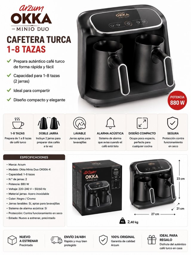 Arzum Okka Minio Duo Cafetera Turca 8 Tazas NUEVA