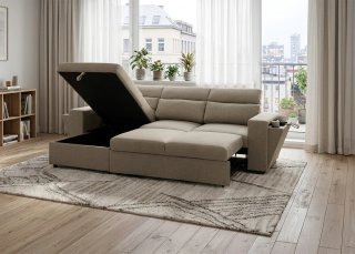 Sofá Cama Beige Tela Oferta con arcon y poza vasos