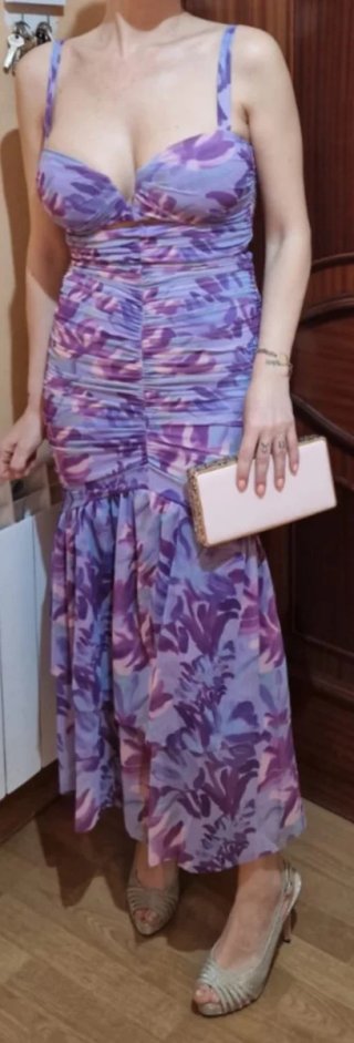 Vestido floreado drapeado morado y rosa