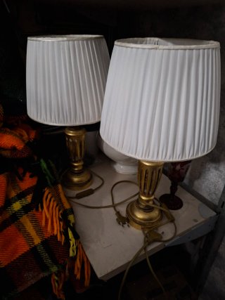 Coppia Lampade Legno Oro Tessuto Bianco