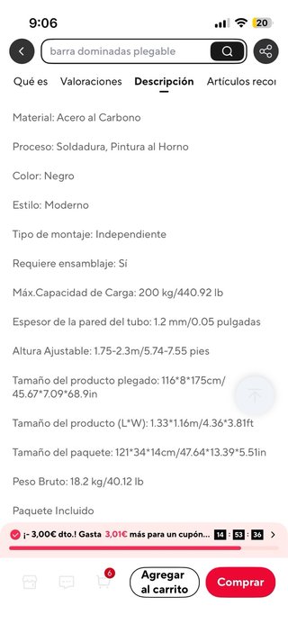 Barra dominadas plegable ajustable