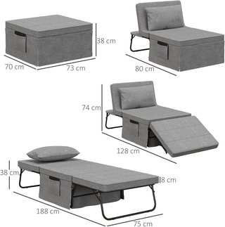 Pouf Cama Plegable Multiusos 4 en 1, Camilla Chaise Longue Ahorra Espacio Con Respaldo Reclinable en 5 Niveles, Gris