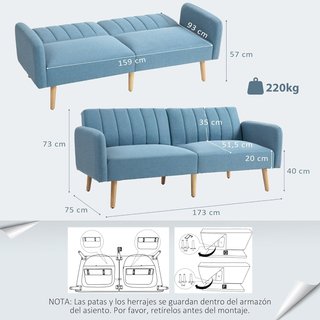 Sofa Cama de 2 Plazas, Moderno, Sofá Cama Plegable, Tapizado en Lino Sintético, Con Respaldo Regulable en 3 Niveles y Brazos Desmontables para Sala de Estar Oficina 173 X 75 X 73 Cm, Azul