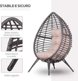 Poltrona da Esterno in Rattan con Cuscino Grigio e Beige a Forma di Goccia Stile Boho Chic 101X89X156Cm