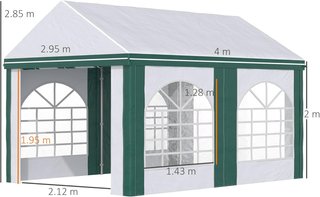 Tenda da Giardino per Feste in Acciaio, PE e PVC, Gazebo 3X4 M per 12 Persone con Doppio Ingresso, Pali e Corde Inclusi, Bianco e Verde