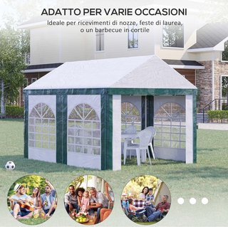 Tenda da Giardino per Feste in Acciaio, PE e PVC, Gazebo 3X4 M per 12 Persone con Doppio Ingresso, Pali e Corde Inclusi, Bianco e Verde