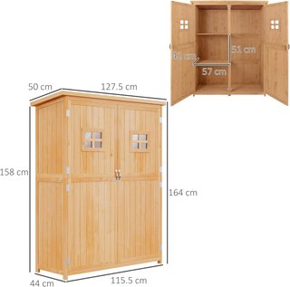 Caseta de Jardín de Madera de Abeto con Puerta Doble, Cobertizo de Herramientas con Estantes y Ventanas, 127.5x50x164cm