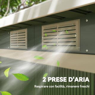 Caseta de Jardín 3.2M² de Acero Galvanizado con Kit de Fundación, Salidas de Aire, Cobertizo para Herramientas con Techo Inclinado, Doble Puerta Corredera Bloqueable, Verde Claro